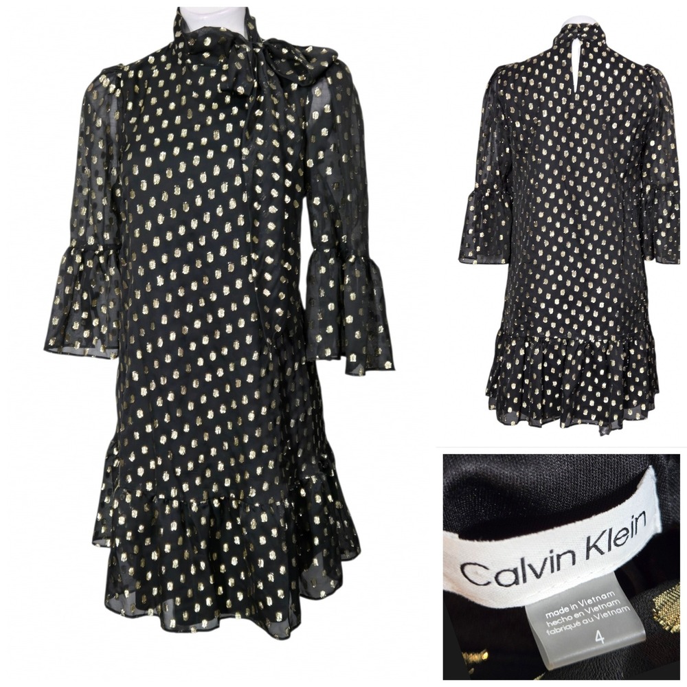 Calvin Klein Womens Gold Metallic Polka Dot Tie Neck Bell Sleeve Dress Size 4